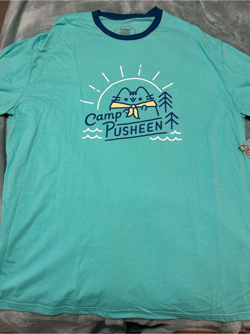 Women’s Pusheen Teal Camp Pusheen Short Sleeve Tee with Navy Trim Size 3X NWT